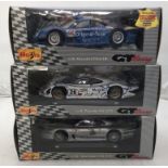 3 boxed diecast Maisto 1:18 model GT Racing cars. Mercedes Benz CLK GTR & Mercedes Benz CLK LM &