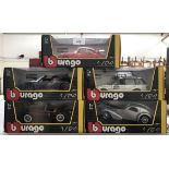 5 boxed Burago die cast scale 1:24 model cars including Bugatti Atlantic, Jaguar XK 120 Roadster,