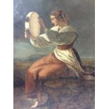 19th Century European School. Girl with a tambourine, seated on a rock in a barren landscape,