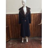 Ladies full length navy wool coat with gold buttons and brown fur collar, makers 'Revillon' previous