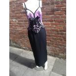 Vintage pink bodice dress with black beading and black satin skirt with back split, size 10,