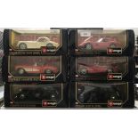 6 boxed Burago die cast scale 1:24 model cars including Ferrari 250 GTO, Jaguar XK 120 Roadster,