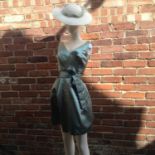 Catherine Regehr sea green short dress, size P, cream hat this green ribbon, floral lace