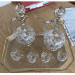 An early 20th century continental glass liquor set, comprising two globular decanters and