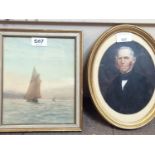 A. Fisher, sailing barges at dusk, signed, watercolour, 21x18cm, together with a an oval portrait of