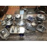 A quantity of assorted metalware and silver-plated items comprising a double-sided measure