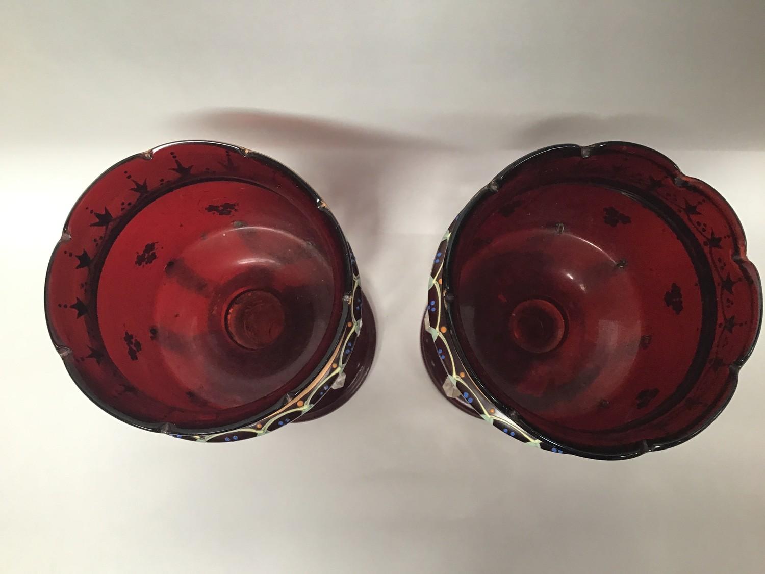 A pair of Victorian ruby glass lustres with scalloped edges, painted with floral swags and gilt - Image 2 of 2