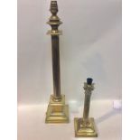 Two various Classical column brass table lamps, 24cm and 34cm high, (for rewiring)