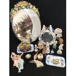 A quantity of ceramics including a Sitzendorf mirror with cherubs atop (af), a small Sitzendorf dog,
