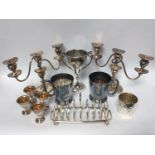Various silver-plate including a pair of Mappin & Webb tankards and trophy cup, Hukin & Heath