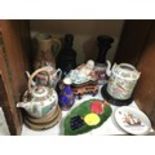 SECTION 28. Mixed collectables including Oriental teapots, ceramic happy Buddha on wooden stand, B