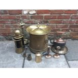 A Victorian brass candle lantern and cylindrical brass coal box with liner, together with a other
