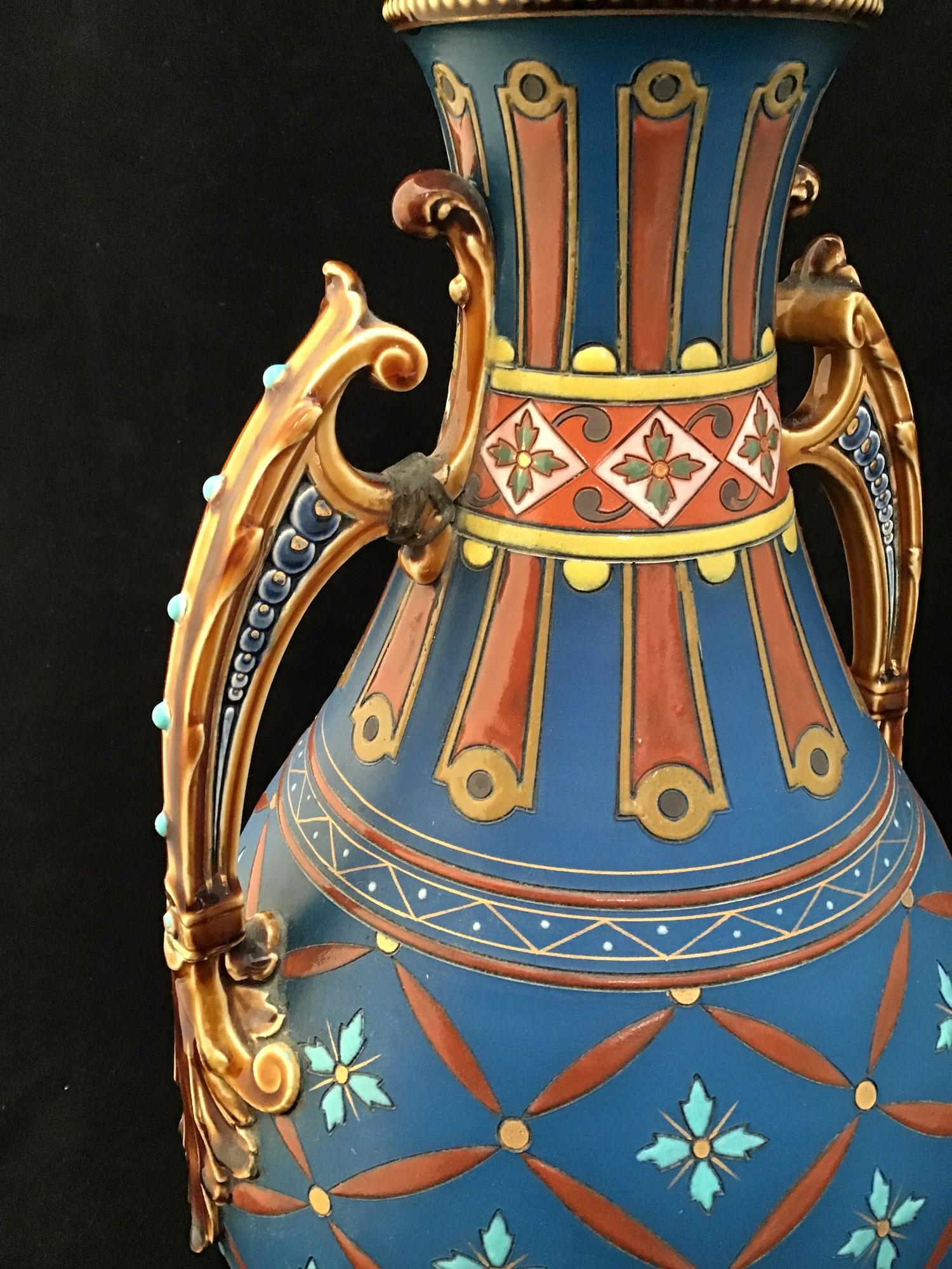 A pair of Mettlach twin-handled vases, of baluster form with beaded necks, ornate scrolled brown - Image 3 of 4