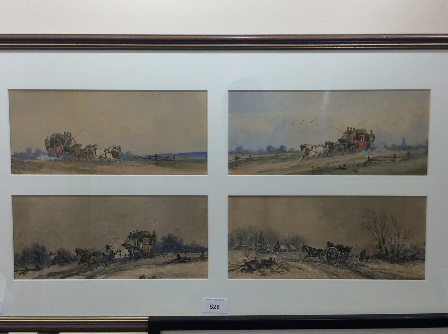 19th Century School. Four coaching scenes, framed together, watercolour, unsigned, each scene