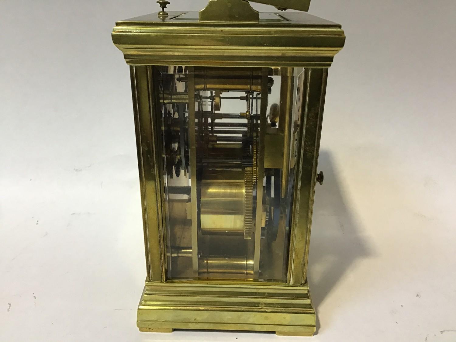 A gilt-brass repeater carriage clock, the gilt dial with Roman numerals denoting hours and - Image 4 of 4