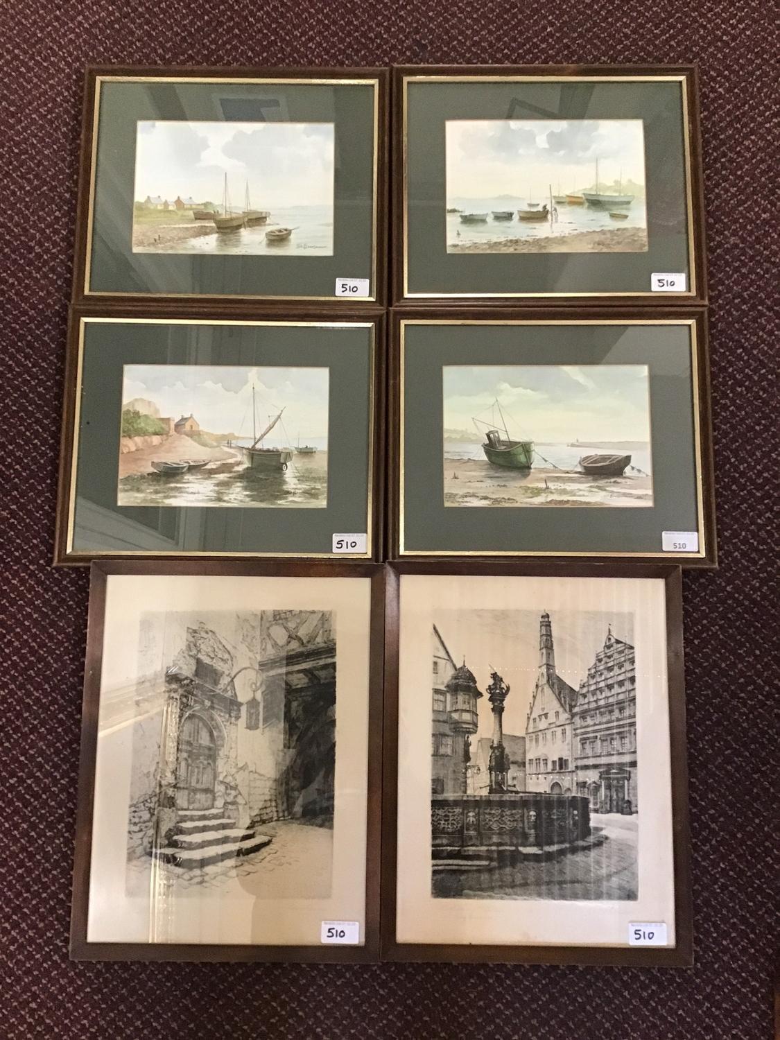 Bill Cheeseman (1924-2011), local artist, four scenes of boats at low tide, watercolours, mounted,