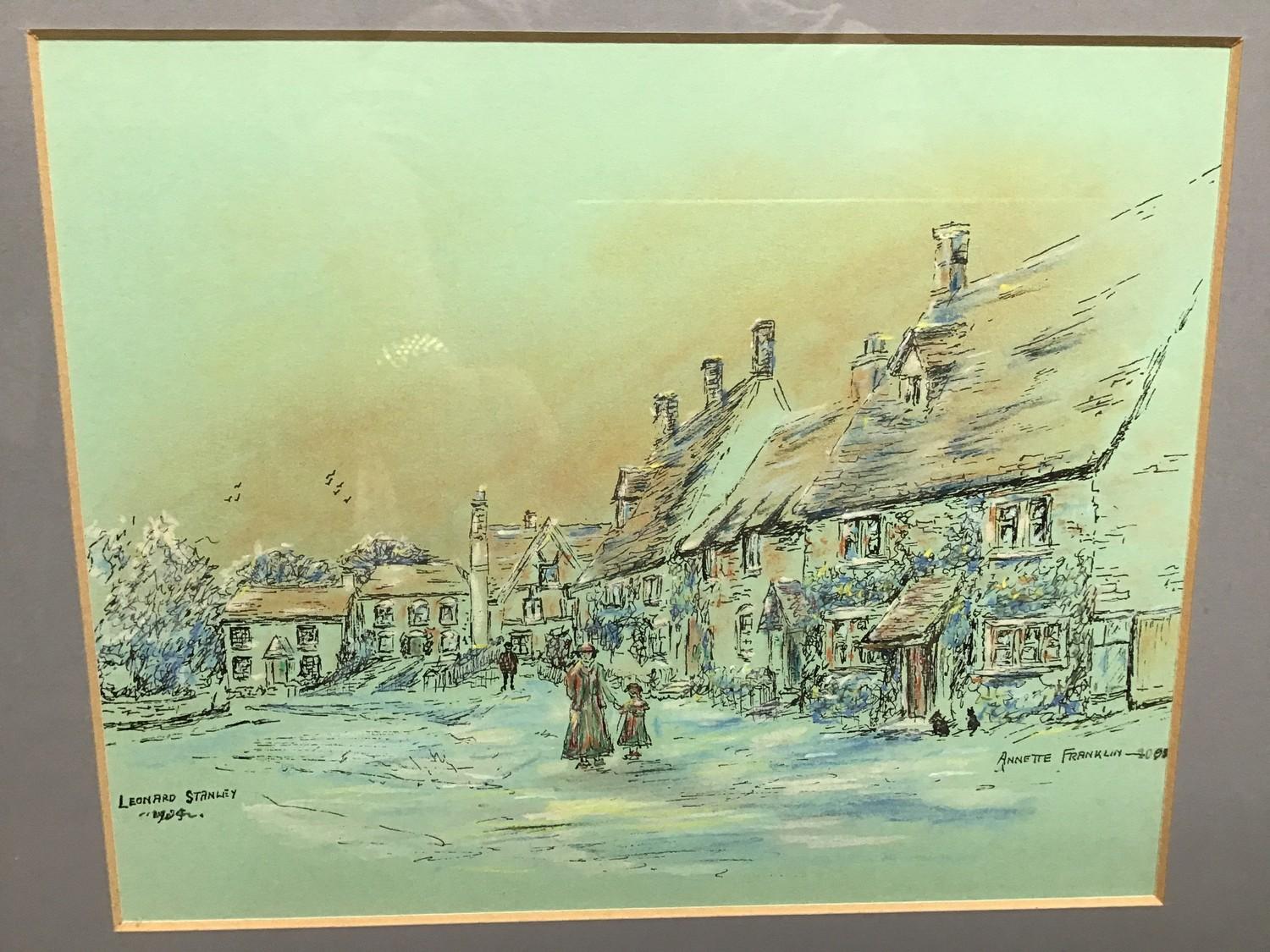 Annette Franklin, street scene in Leonard Stanley, signed pen, ink and pastel, signed, 19 x 24cm,