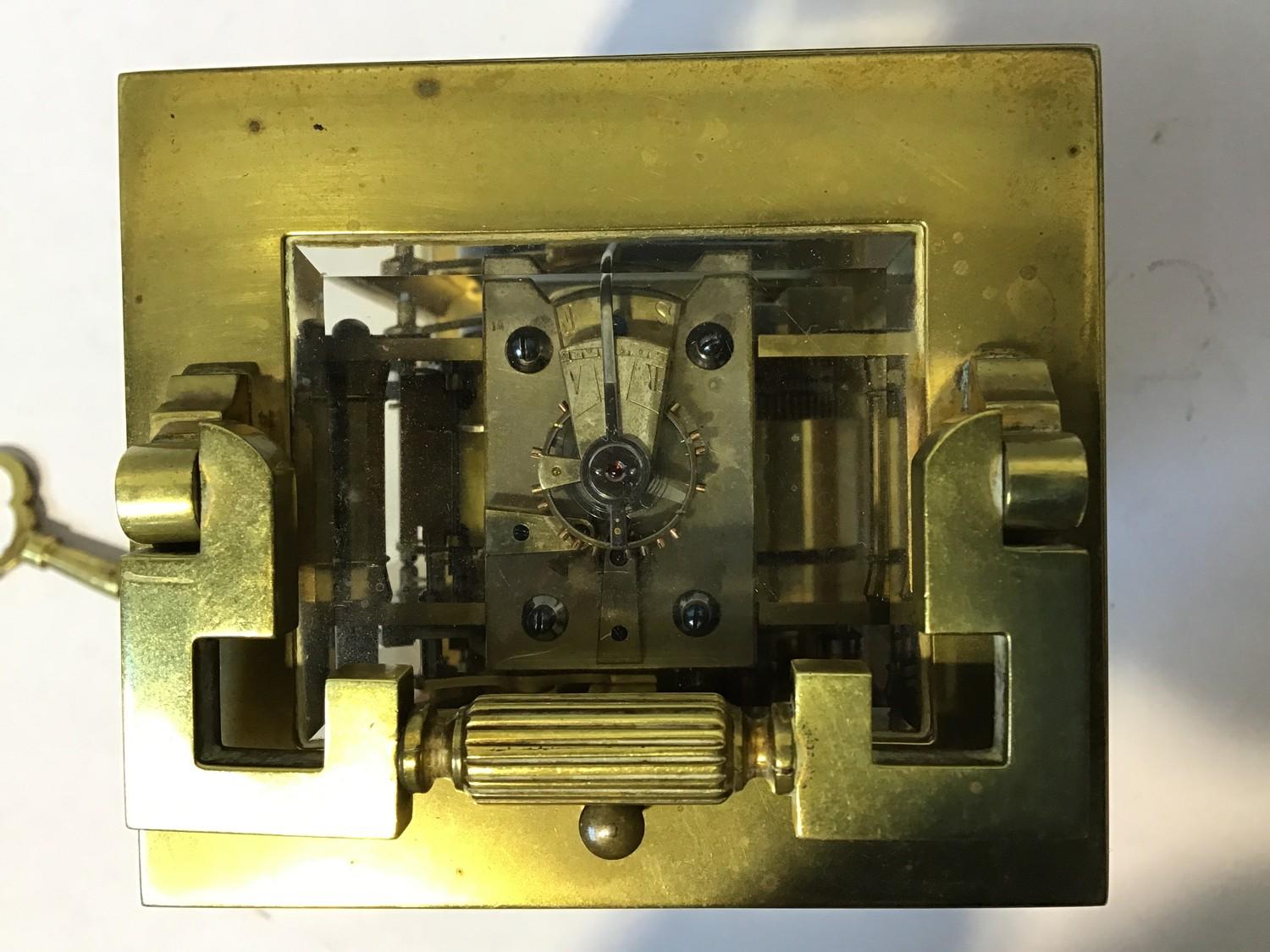 A gilt-brass repeater carriage clock, the gilt dial with Roman numerals denoting hours and - Image 2 of 4