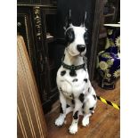 A large ceramic figure of a black and white Great Dane with blue eyes, approx. 90cm high. Together