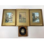 A portrait miniature of Mary Queen of Scots, framed, together with three small Venetian watercolours