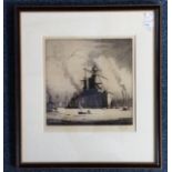 Norman Wilkinson CBE (British 1878-1971), The Battle Cruiser HMS Lion, Drypoint etching, signed by