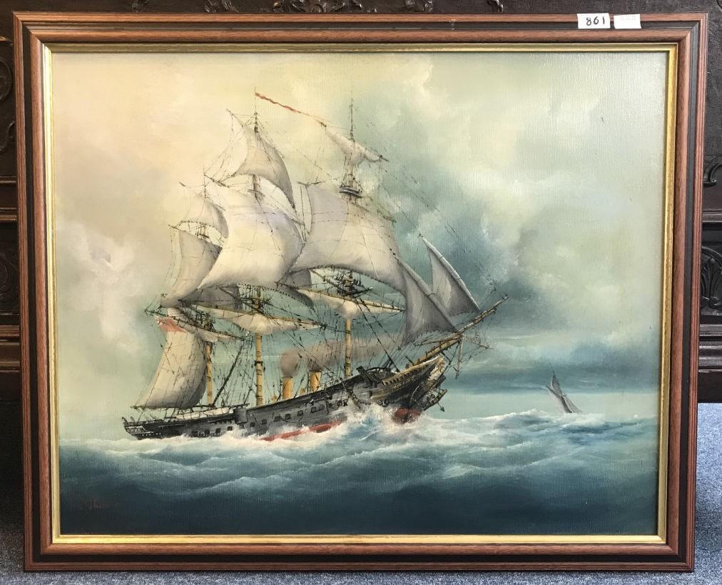 P.J. Wintrip (20th C), HMS Warrior under sail and steam, oil on canvas, signed, 60x75cm, framed - Image 2 of 2