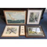 Five assorted prints and paintings including two watercolour studies of flowers by Tricia Thomson