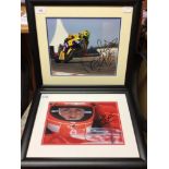 Two photographs of motor racing interest, one of Michael Schumacher, the other of Valentino Rossi,