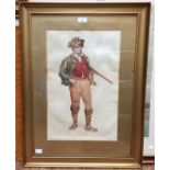 Late 19th century Italian School. Full-length study of a game hunter wearing brimmed hat, red
