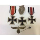 German / Nazi medals / Badges: Three various Iron Crosses, Imperial Eagle tin badge (af), SS pin,