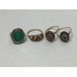 Three various 9ct gold rings including two set with emerald and ruby coloured stones with diamond