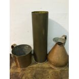 A one gallon copper rum / grog measure, together with a large brass artillery shell casing stick
