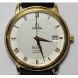 An Omega De Ville Co-Axial 18ct gold automatic gents wristwatch, the two-tone silvered dial with