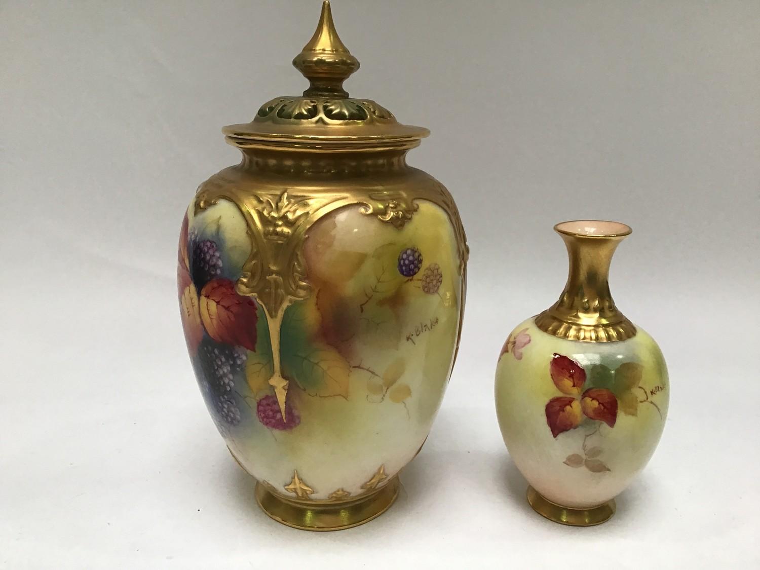 A Royal Worcester potpourri vase, signed and painted by Kitty Blake with a scene of blackberries and