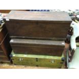 Three various wooden trunks including a large Handbell Ringers trunk, with metal corners and