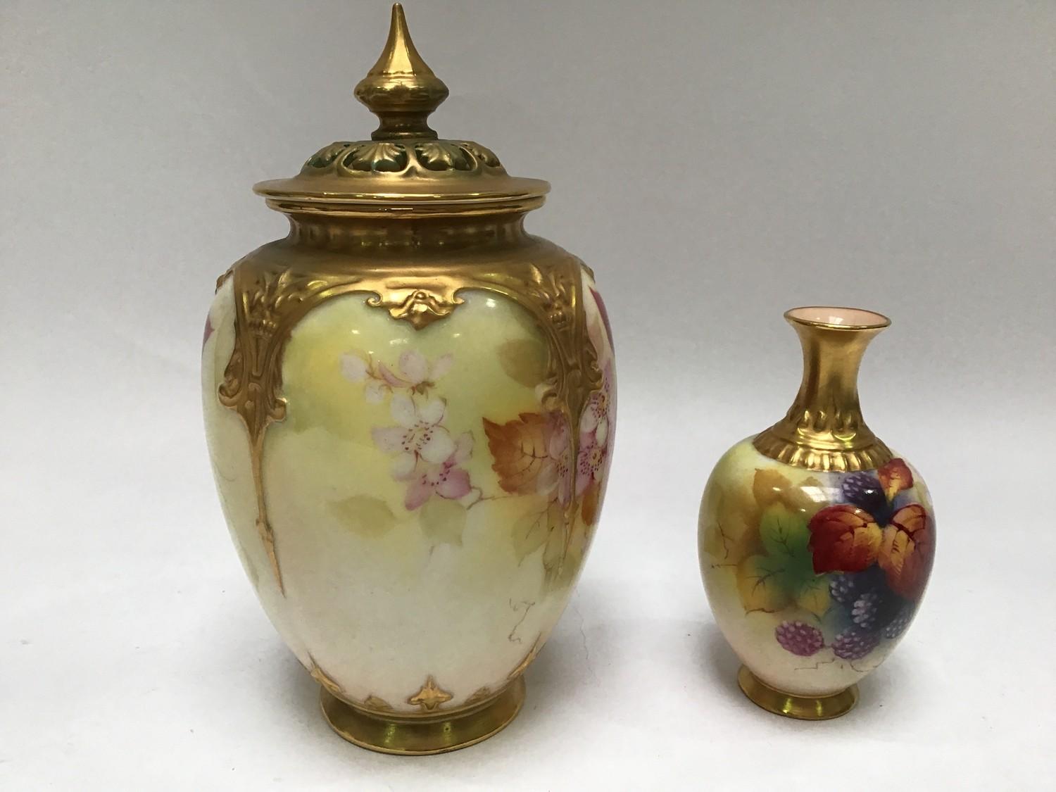 A Royal Worcester potpourri vase, signed and painted by Kitty Blake with a scene of blackberries and - Image 2 of 6