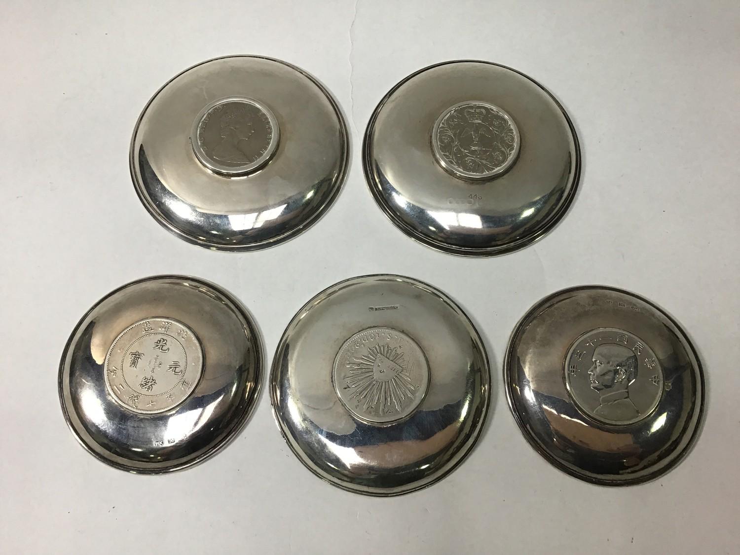 Two English silver pin dishes set with commemorative coins, hallmarked, together with three - Image 2 of 2