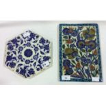 Two various Iznik glazed pottery tiles, one of hexagonal form decorated with blue flowers to a white