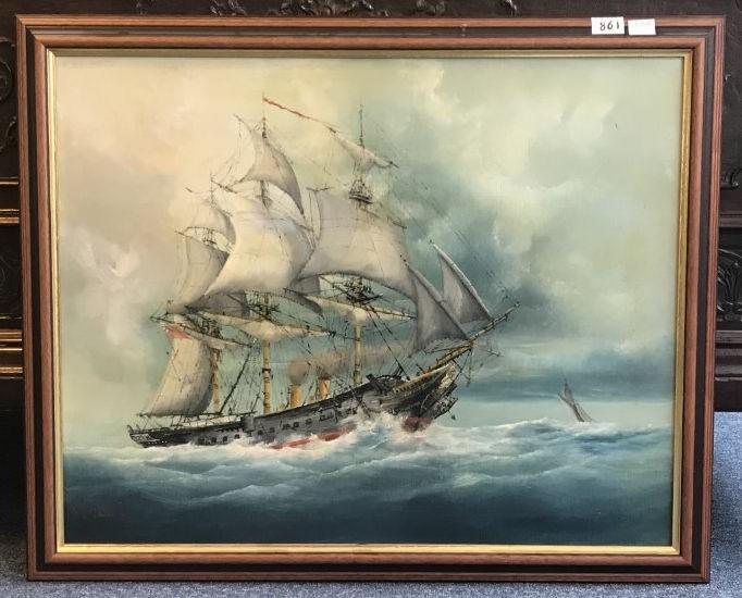 P.J. Wintrip (20th C), HMS Warrior under sail and steam, oil on canvas, signed, 60x75cm, framed