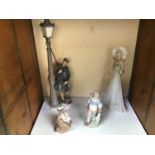 Four assorted Lladro ceramic figures comprising Lamp lighter '5205', Lady in flowing dress '1431',