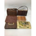 Six various vintage handbags including a Scottish leather bag and a Japanese clutch bag with applied