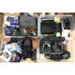 Four boxes of assorted vintage and modern cameras and accessories including a Ballmeyer triple