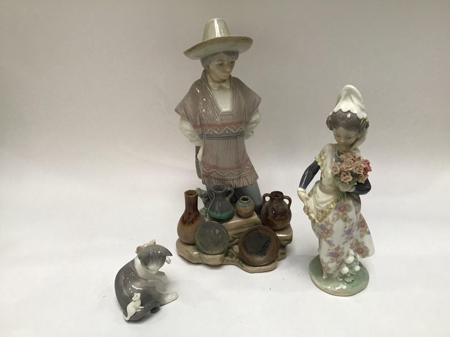 Three assorted Lladro ceramic figures comprising a Mexican ceramic street vendor, a girl holding a