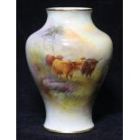 A Royal Worcester vase signed and painted by H Stinton with a scene of Highland cattle, gilt rims,