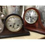 An early 20th century inlaid 'cocked hat' mantel clock, together with a smaller similar clock by