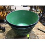 Two large green enamelled tin twin-handled tubs with round bottoms, possibly fruit picking tubs,