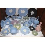 SECTION 32. A collection of assorted Wedgwood blue, green, black and pink Jasperware items