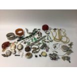 A quantity of costume jewellery and watches including silver rings, cameos, pearl necklaces,