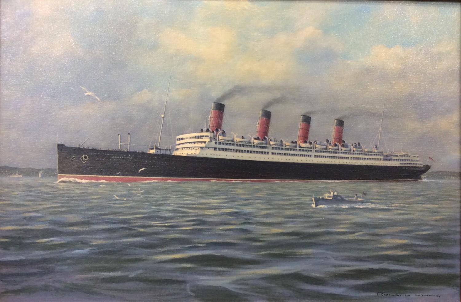Ronald Wong (b.1942), RMS Aquitania under steam and viewed port side, possibly in the Solent with