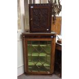 Two assorted oak corner cabinets, one smaller, floral carved example housing a 1kg Kleeneze dry